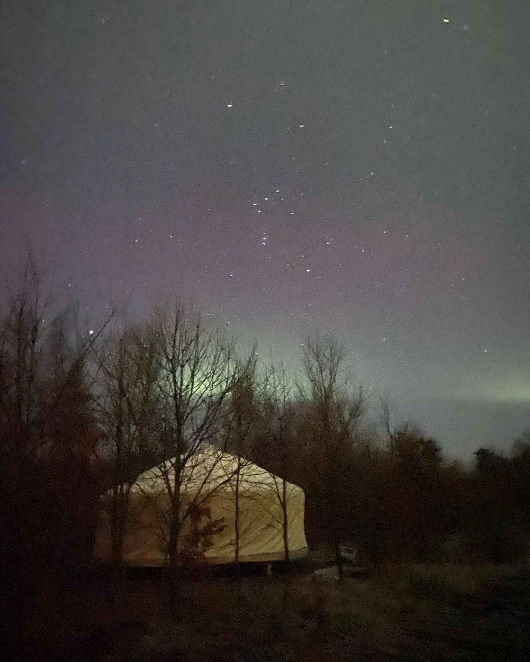 Die beleuchtete Jurte auf dem Naturhof unter einem Sternenhimmel