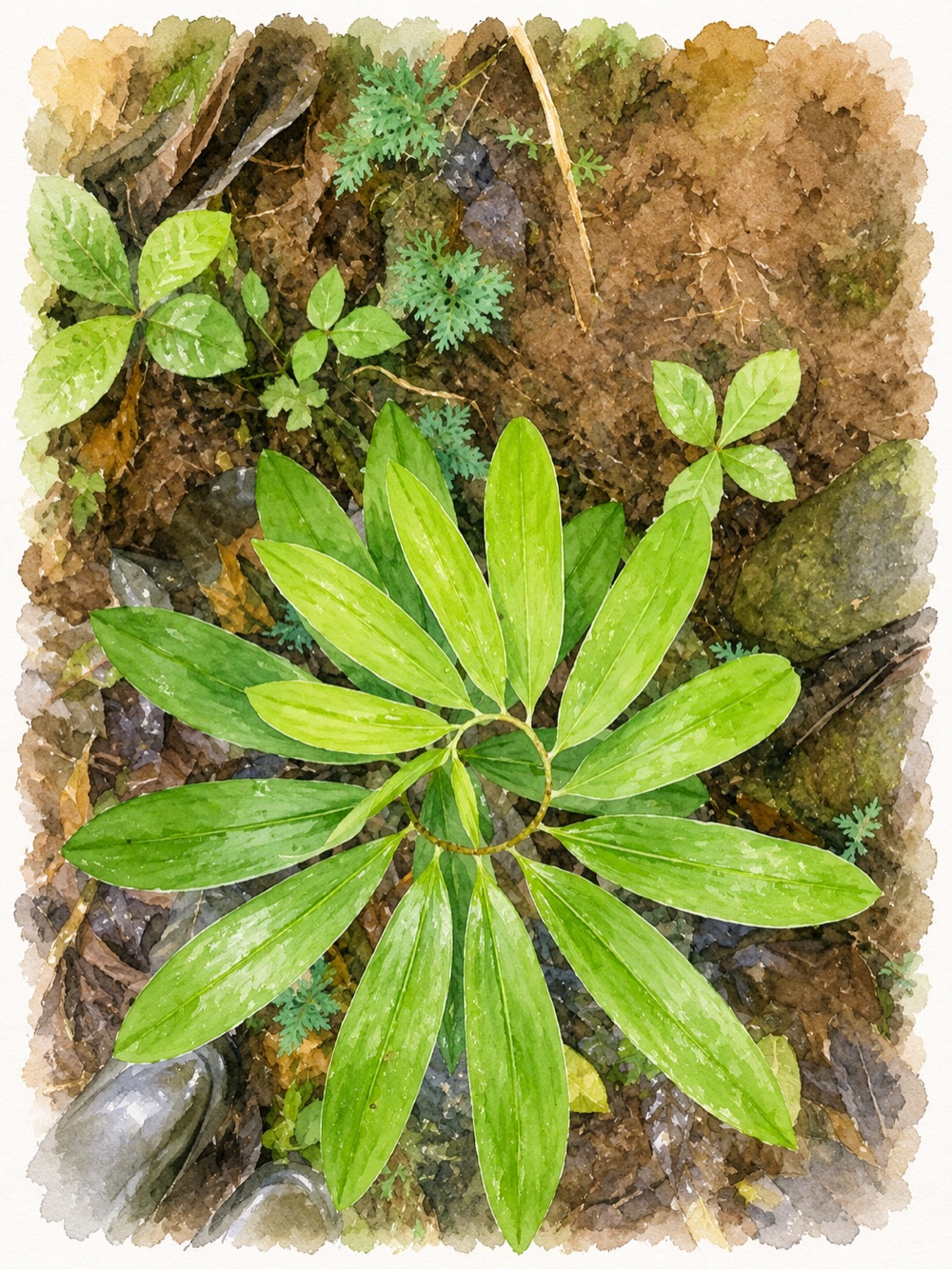 Aquarell-Illustration: eine spiralförmig angeordnete grüne Pflanze auf dem Waldboden